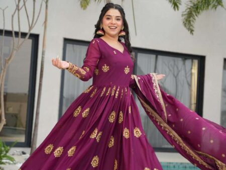 Women’s Ethnic Anarkali Style Floor-Length Gown in Magenta with Golden Zari Embroidery – Festive & Wedding Wear