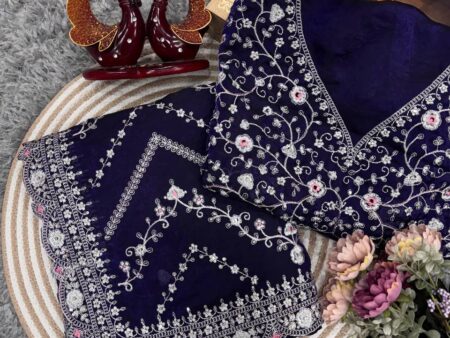 Royal Blue Embroidered Blouse Piece with Intricate Mirror, Sequin & Floral Threadwork – Ready-to-Stitch Fabric for Sarees & Festive Ethnic Wear