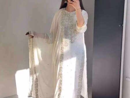 Women's Georgette Embroidery Sequence Work with Rivet Moti Work Straight Kurti With Pant and Dupatta Set