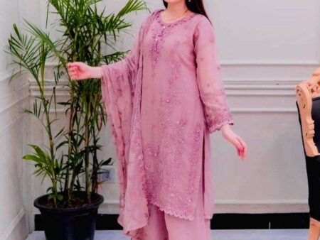 Women's Faux Georgette Embroidery work Straight Kurti With Pant and Dupatta Set