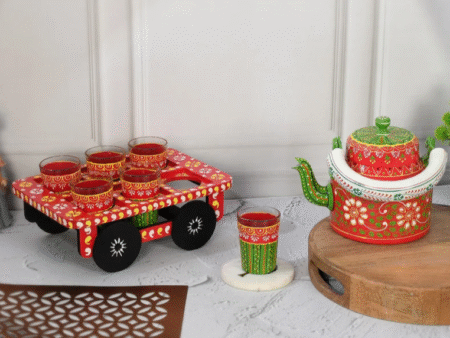 HandPainted Alluminium Tea Kettle with 6 Glasses