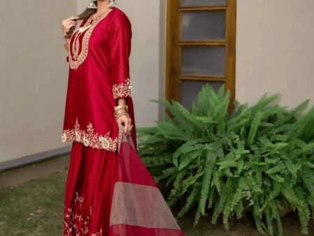 Women's Chinon Silk Sequence Embroidery Work Straight Kurti With Sharara Suit and Dupatta Set
