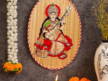 Oval Shaped Design Bamboo Hand Crafted Wall Hangings Of Godess Sarwasti Ji For Home Decor