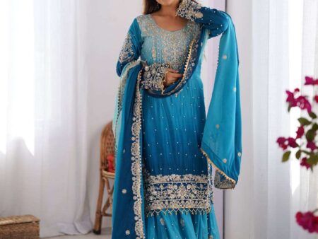 Women's Chinon Silk Sequence With Rivet Moti Work Straight Kurta With Sharara and Dupatta Set