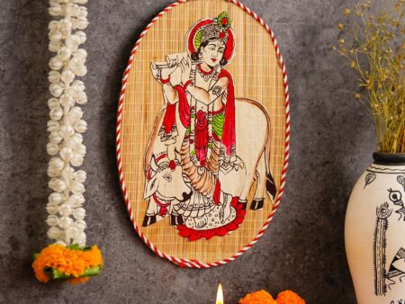 Oval Shaped Design Bamboo Hand Crafted Wall Hangings Of Krishna Ji With Holy Cow For Home Decor | Bamboo Art For Wall Decor