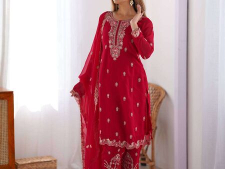 Women's Georgette Embroidery Straight Kurti with Pant And Dupatta Set