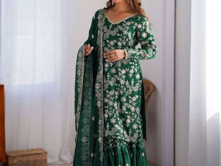 Women's Chinon Silk Embroidery Sequence Work Straight Kurti With Sharara Suit and Dupatta Set