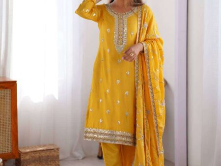 Women's Chinon Silk Embroidered Straight Kurti with Pant And Dupatta Set